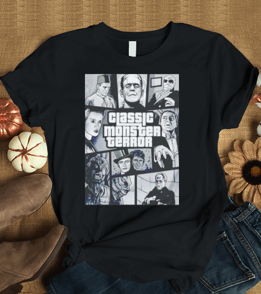Classic Monster Terror Frankenstein Dracula Mummy Wolfman Bride Halloween T-Shirt
