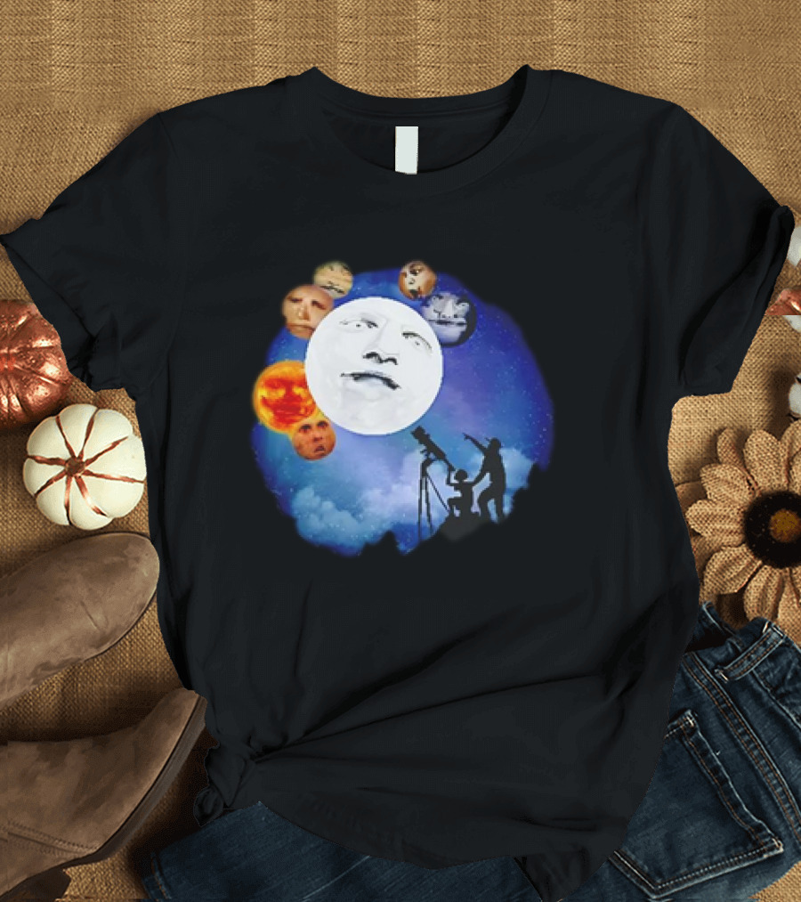 Man and Child Stargazing at Moon and Face Planets T-Shirt