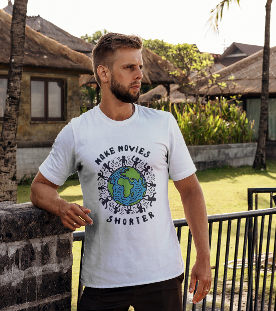 Make Movies Shorter Save The Planet Earth Surrounded By Dancing Figures T-Shirt