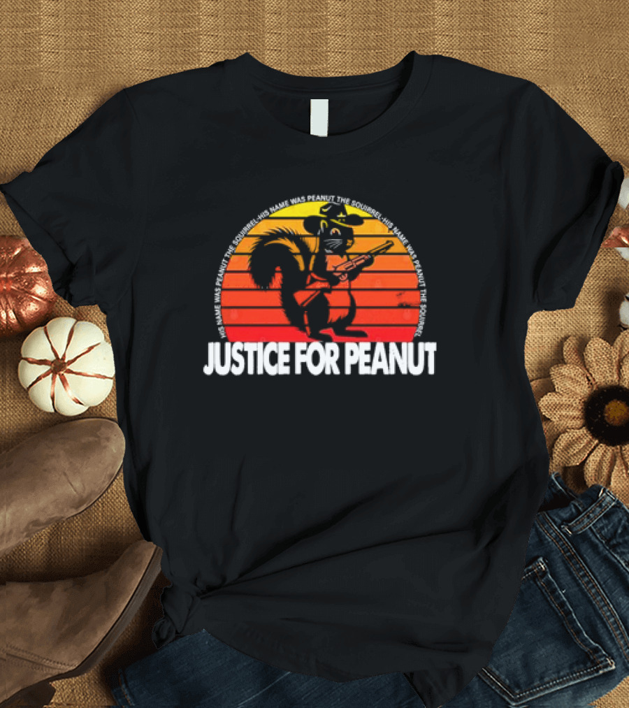 Justice For Peanut His Name Was Peanut The Squirrel Retro Sunset Squirrel With Hat and Gun T-Shirt