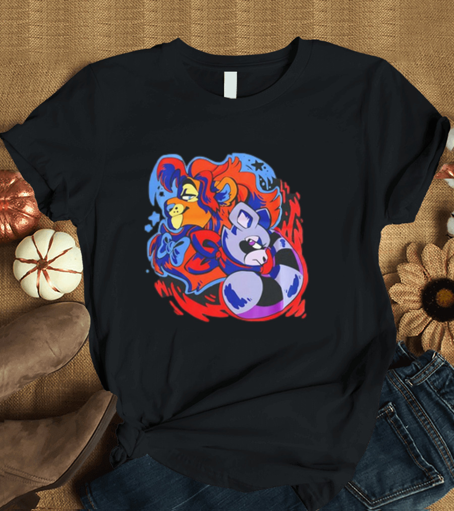 Lion and Raccoon Cartoon with Colorful Flowing Manes and Scarves T-Shirt