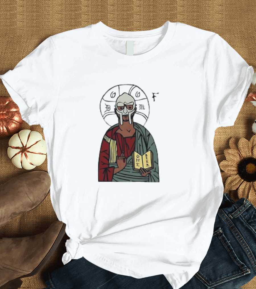 MF DOOM Cartoon Iconic Mask with Sacred Imagery and Open Book One Beer T-Shirt