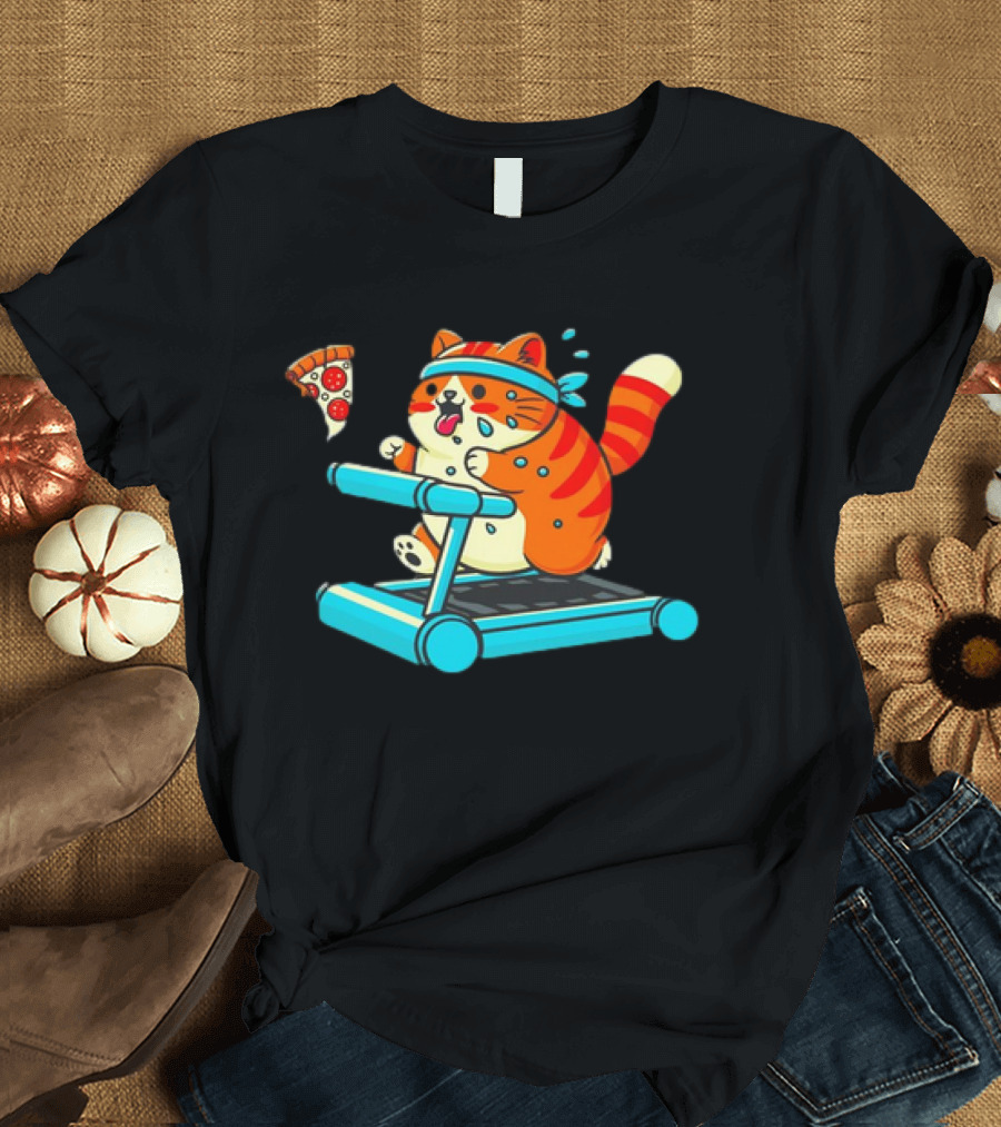 Chasing Dreams and Pizza Slices Chonky Cat Running on Treadmill T-Shirt