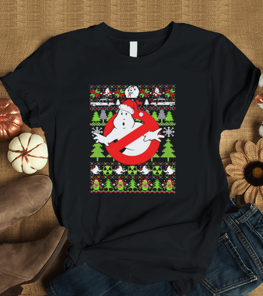 Ghostbusters No Ghost Symbol Christmas Sweater with Santa Hat and Ugly Sweater Icons T-Shirt