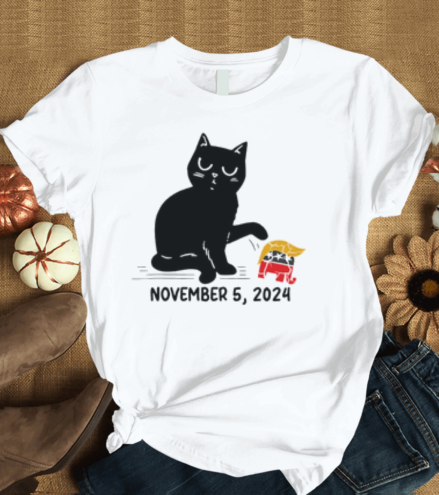 Black Cat Knocking Over Trump Hair Elephant November 5 T-Shirt