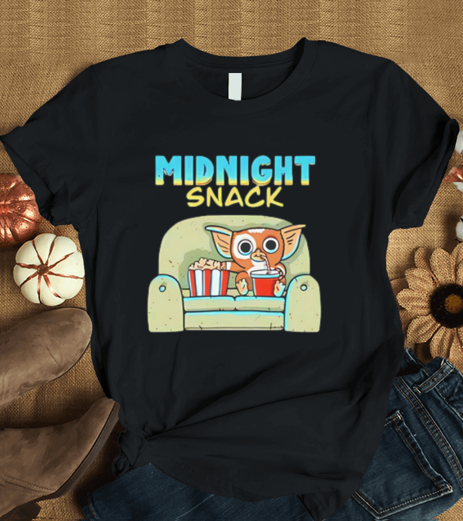 Midnight Snack Mogwai Relaxing on Couch with Popcorn and Soda T-Shirt