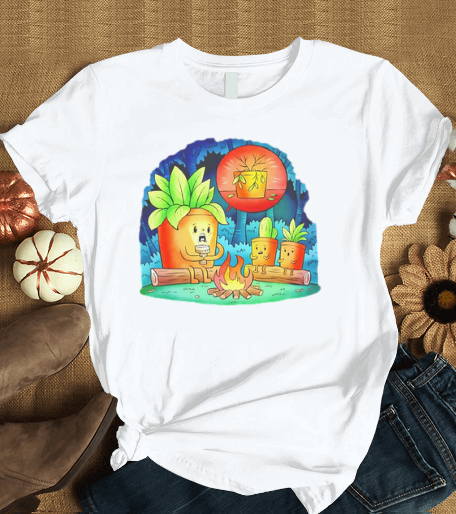 House Plants Gather Around Campfire Sharing Spooky Stories in the Woods T-Shirt