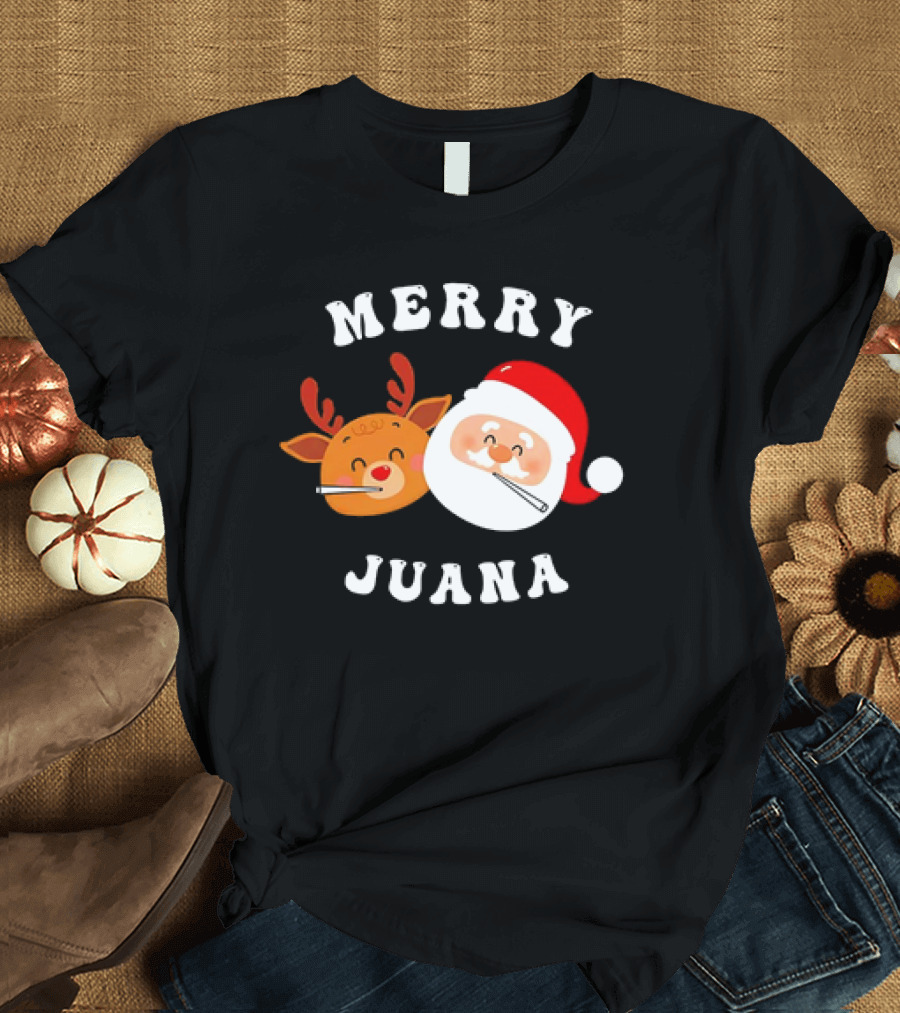 Merry Juana Christmas Santa and Reindeer Smoking Holiday Fun T-Shirt