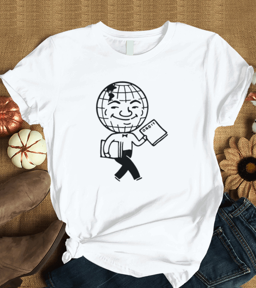Orbit Magazine 1990 Vintage Smiling Globe Character Holding Magazine T-Shirt