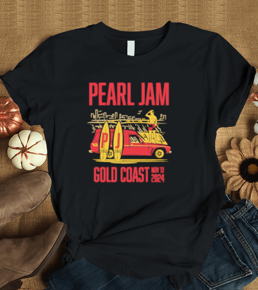 Pearl Jam Gold Coast Nov 19 2024 Event Red Car Surfer and Surfboards T-Shirt