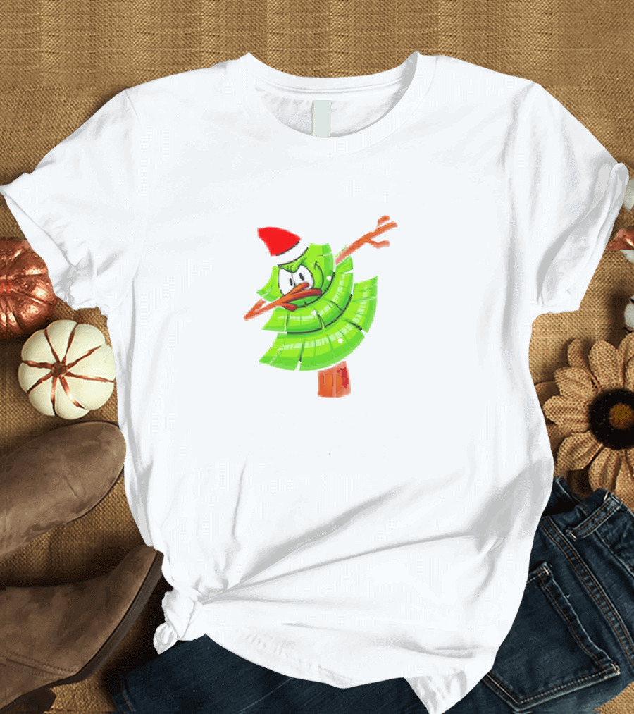Dabbing Through the Snow Christmas Tree with Santa Hat Cartoon T-Shirt