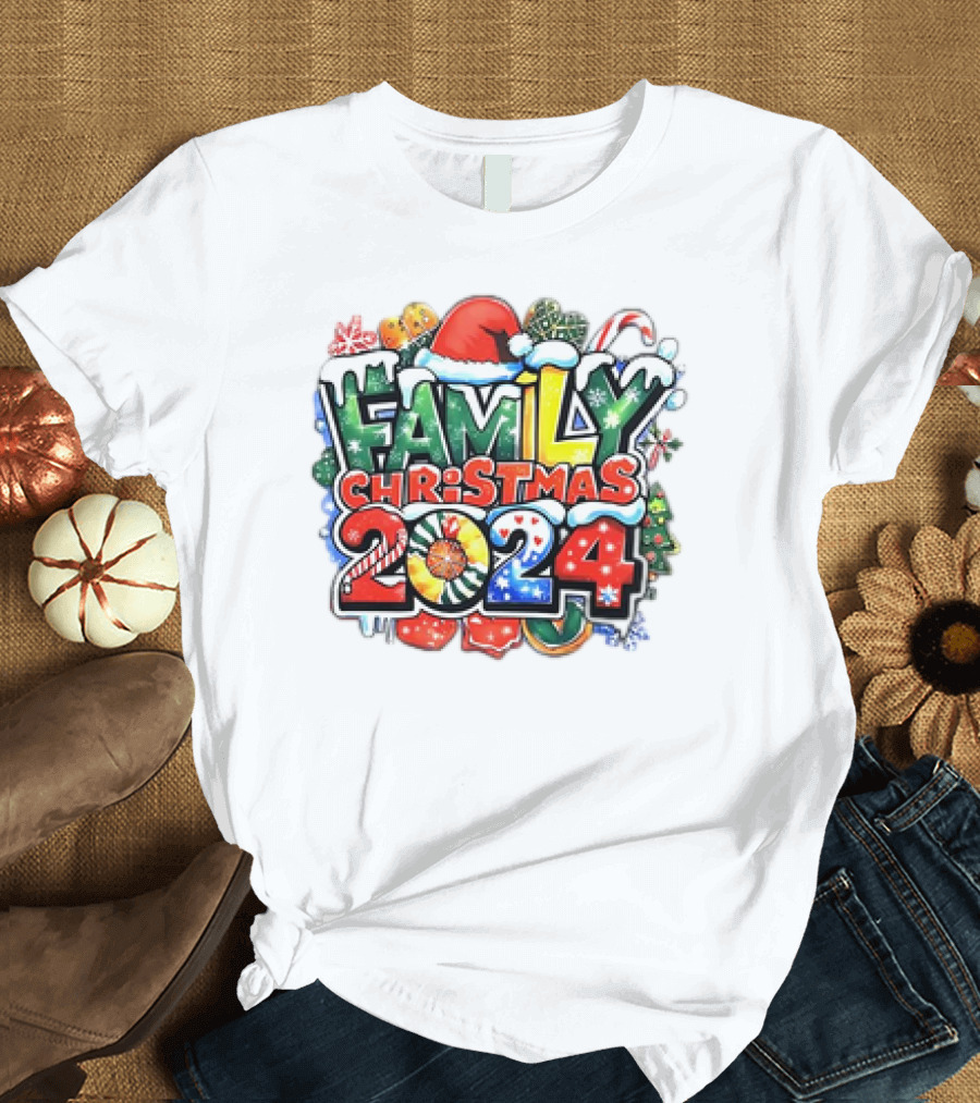 Family Christmas 2024 Santa Hat Candy Canes Ornaments Snowflakes T-Shirt