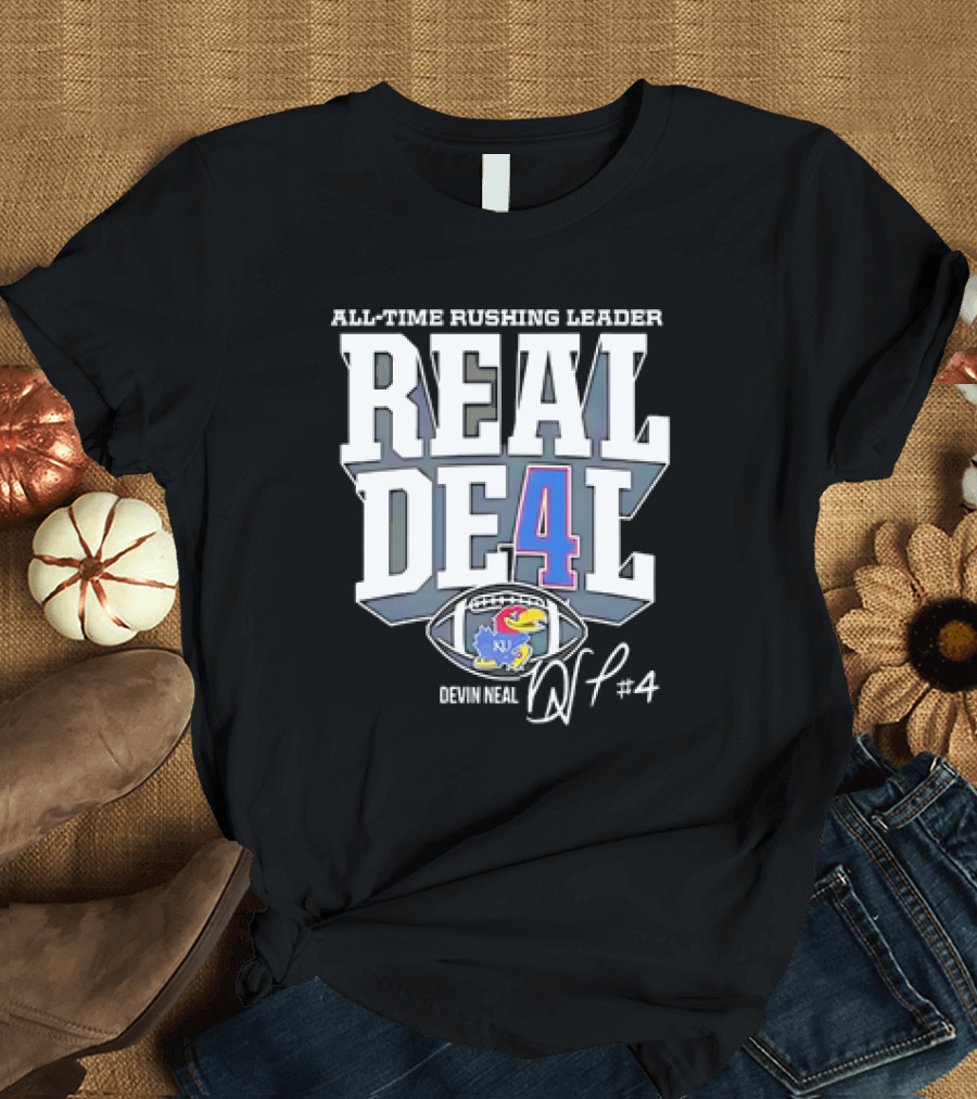 All-Time Rushing Leader Real De4l Devin Neal Kansas Jayhawks Football #4 Signature T-Shirt