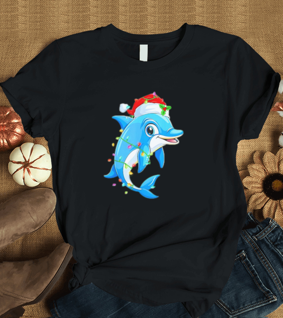 Dolphin in Santa Hat Wrapped in Christmas Tree Lights Pajamas T-Shirt