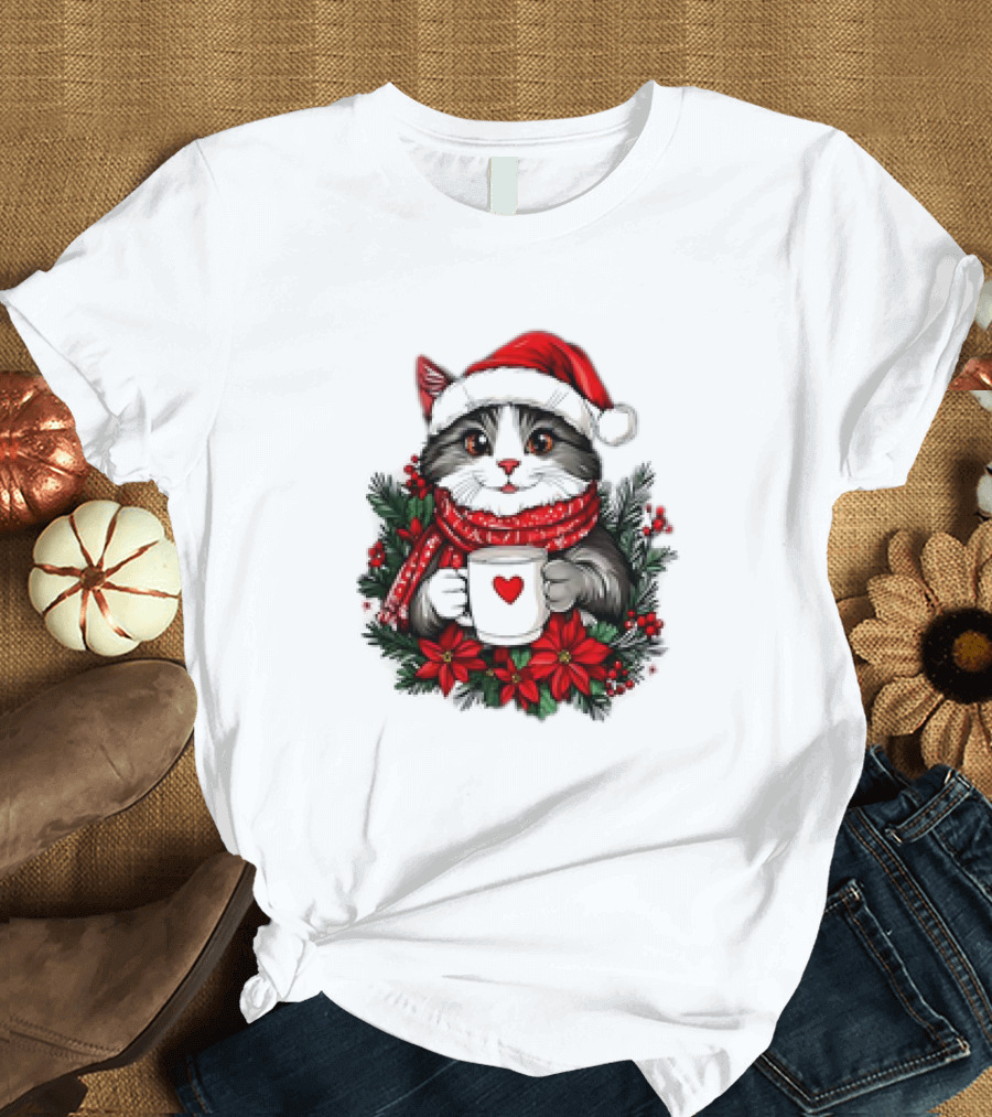 Christmas Cat Santa Hat Coffee Mug Festive T-Shirt