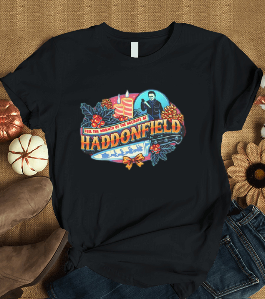 Feel the Warmth of the Holidays at Haddonfield Michael Myers Halloween Candles and Knife T-Shirt