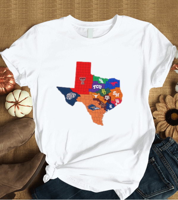 T-Shirt: Texas College Football Teams Map with Logos Including Texas Tech TCU SMU Baylor Texas A&M UTEP SHSU UTSA T-Shirt Texas College Football Teams Map with Logos Including Texas Tech TCU SMU Baylor Texas A&M UTEP SHSU UTSA T-Shirt