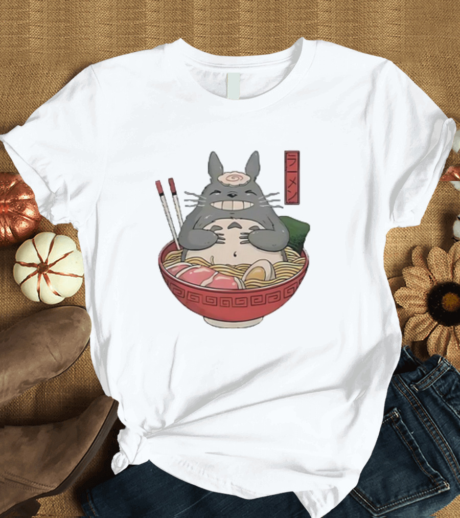 Totoro Ramen Bowl with Chopsticks and Kanji T-Shirt