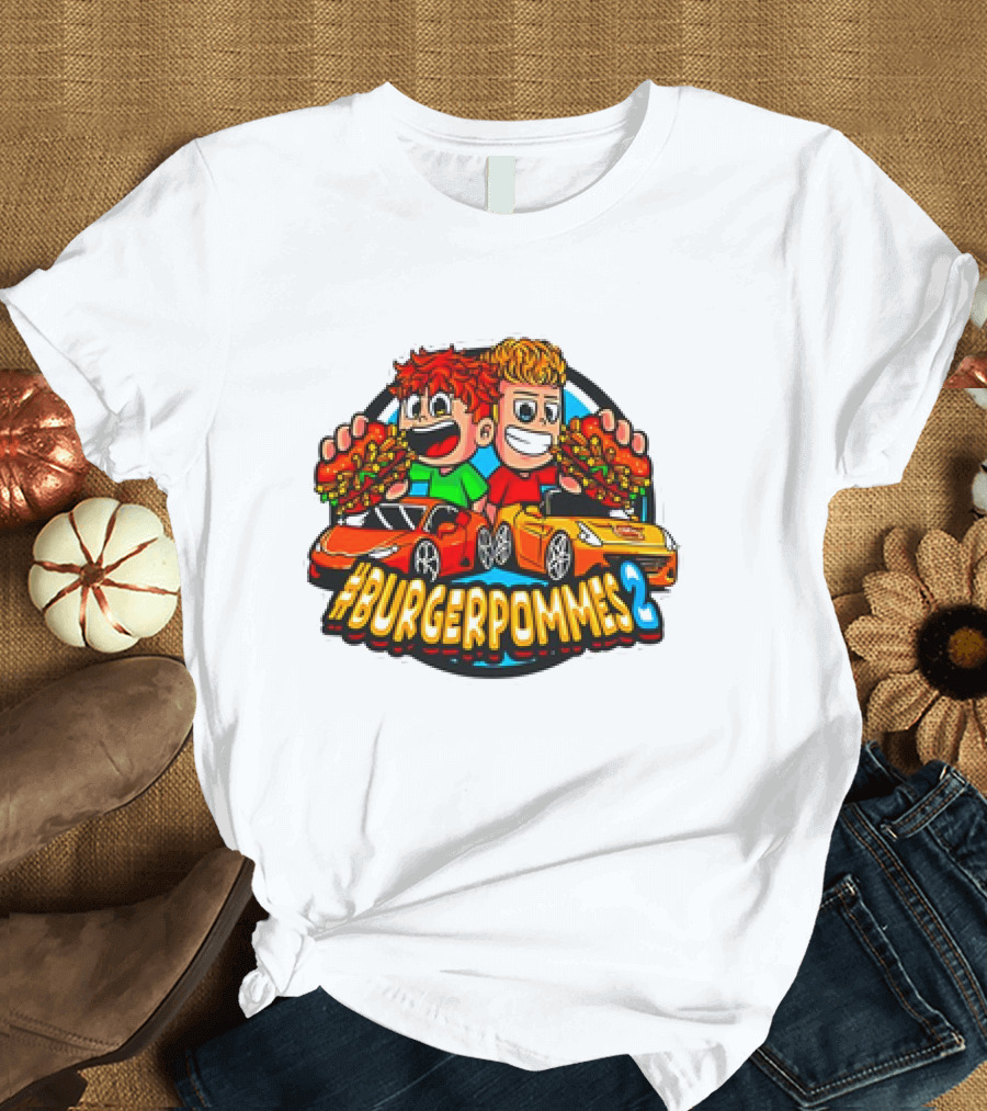 Burgerpommes 2 Cartoon Characters with Super Cars and Burgers T-Shirt