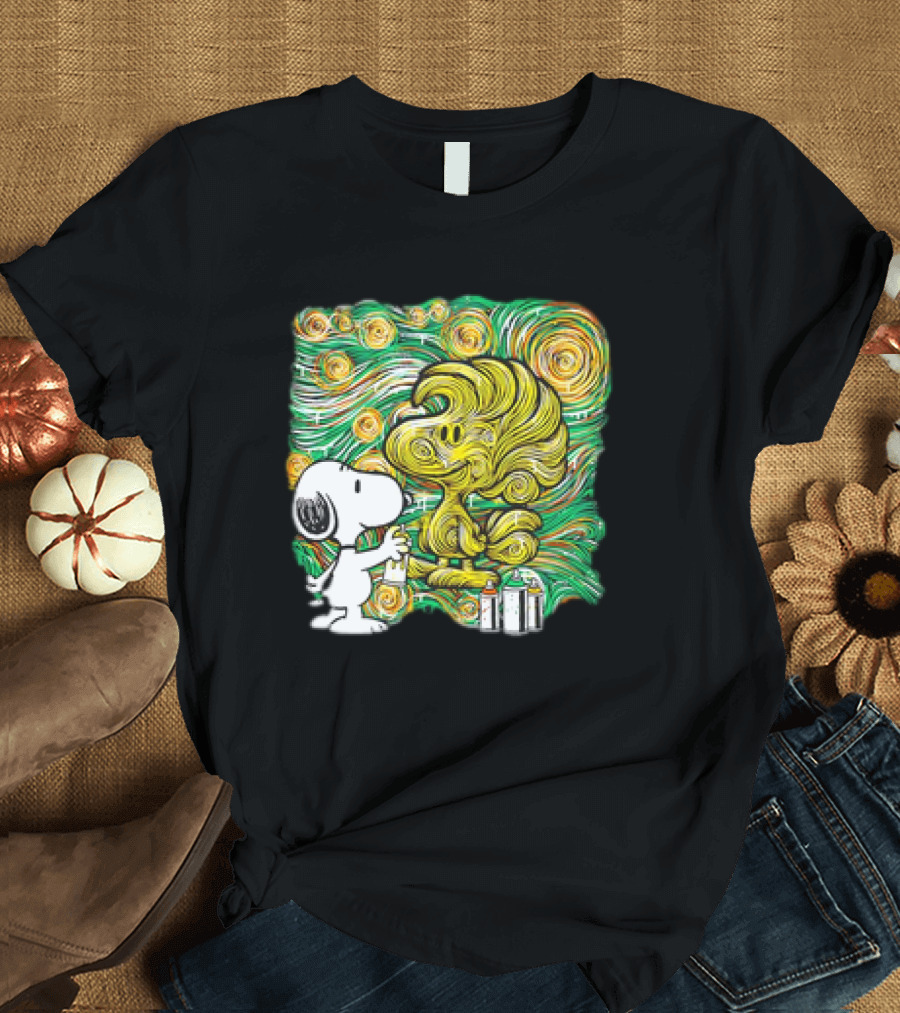 Peanuts Snoopy Spray Painting Woodstock in Starry Night Graffiti T-Shirt