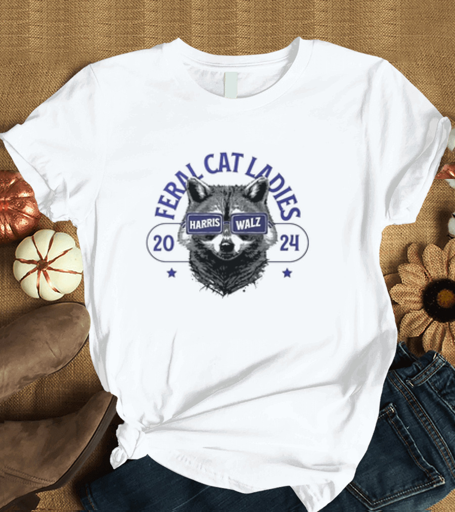 Feral Cat Ladies Harris Walz 2024 Raccoon Sunglasses Vote T-Shirt