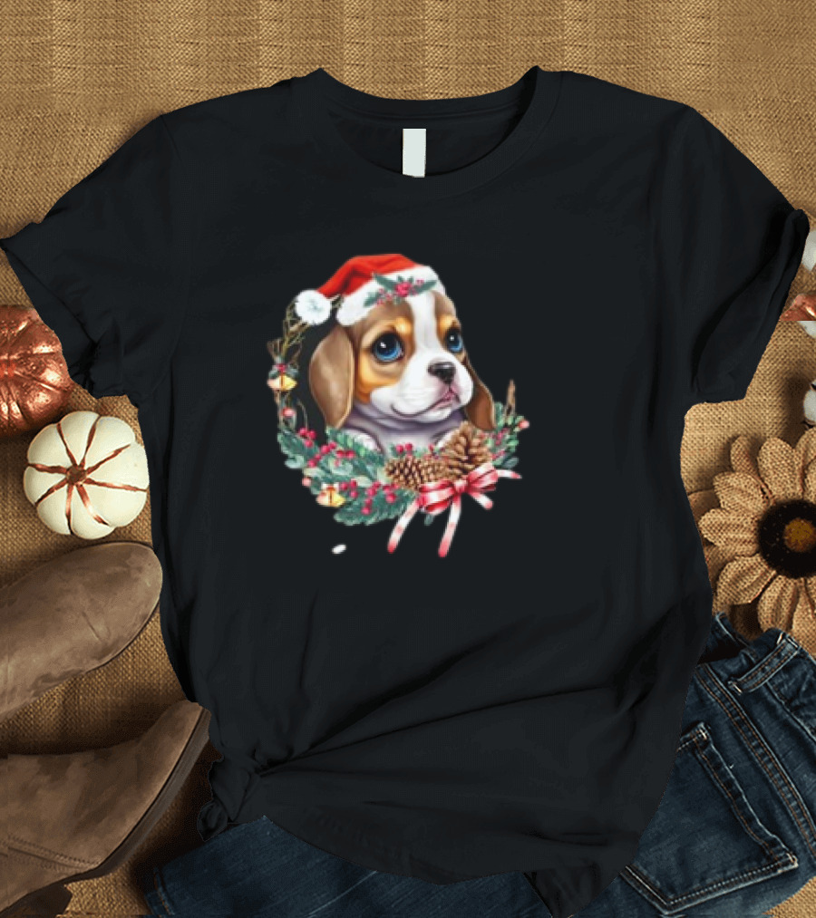 Christmas Beagle with Santa Hat and Holiday Wreath T-Shirt