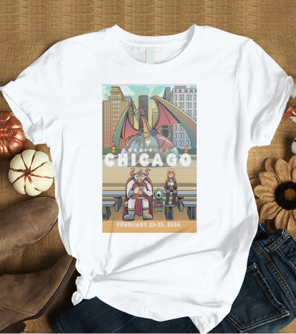 T-Shirt: Magiccon Chicago February 23-25, 2024 Dragon and Cityscape Scene T-Shirt Magiccon Chicago February 23-25, 2024 Dragon and Cityscape Scene T-Shirt