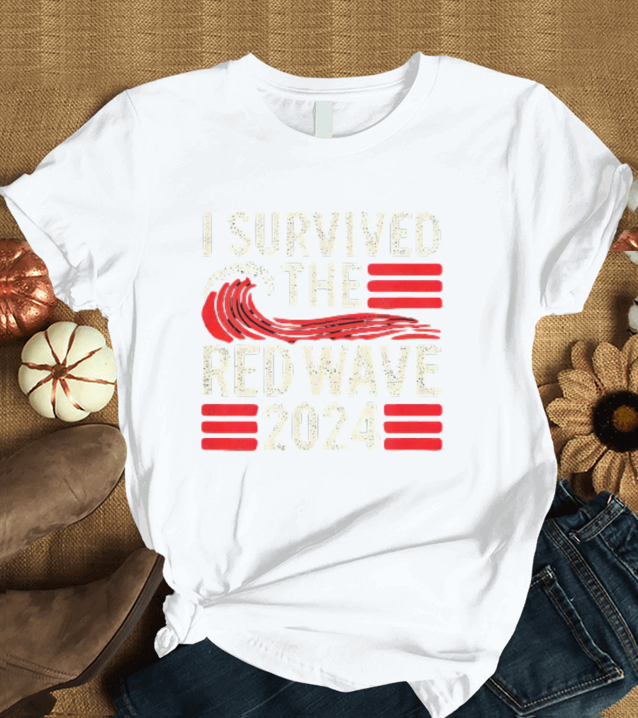 I Survived the Red Wave 2024 with Bold Red Wave and Stripe Symbols T-Shirt