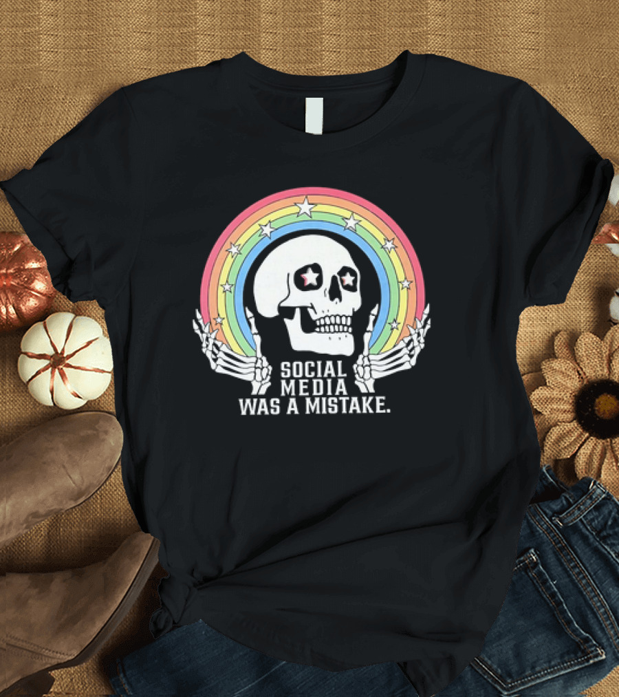 Skull Social Media Was a Mistake Rainbow Retro Stars T-Shirt