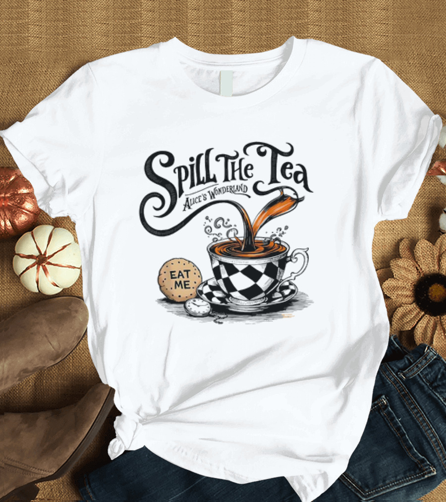 Spill the Tea Alice's Wonderland Eat Me Checkered Teacup and Biscuits T-Shirt
