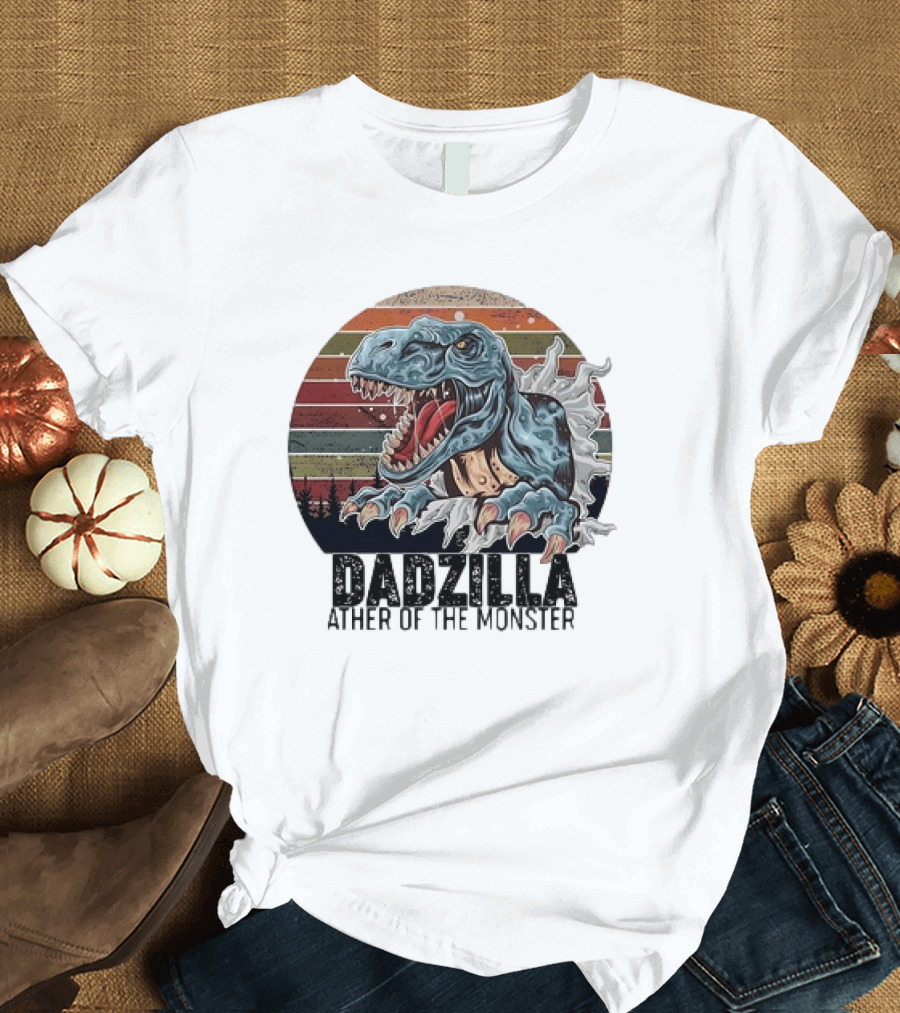 Dadzilla Ather of the Monster Vintage Dinosaur Retro Stripes T-Shirt