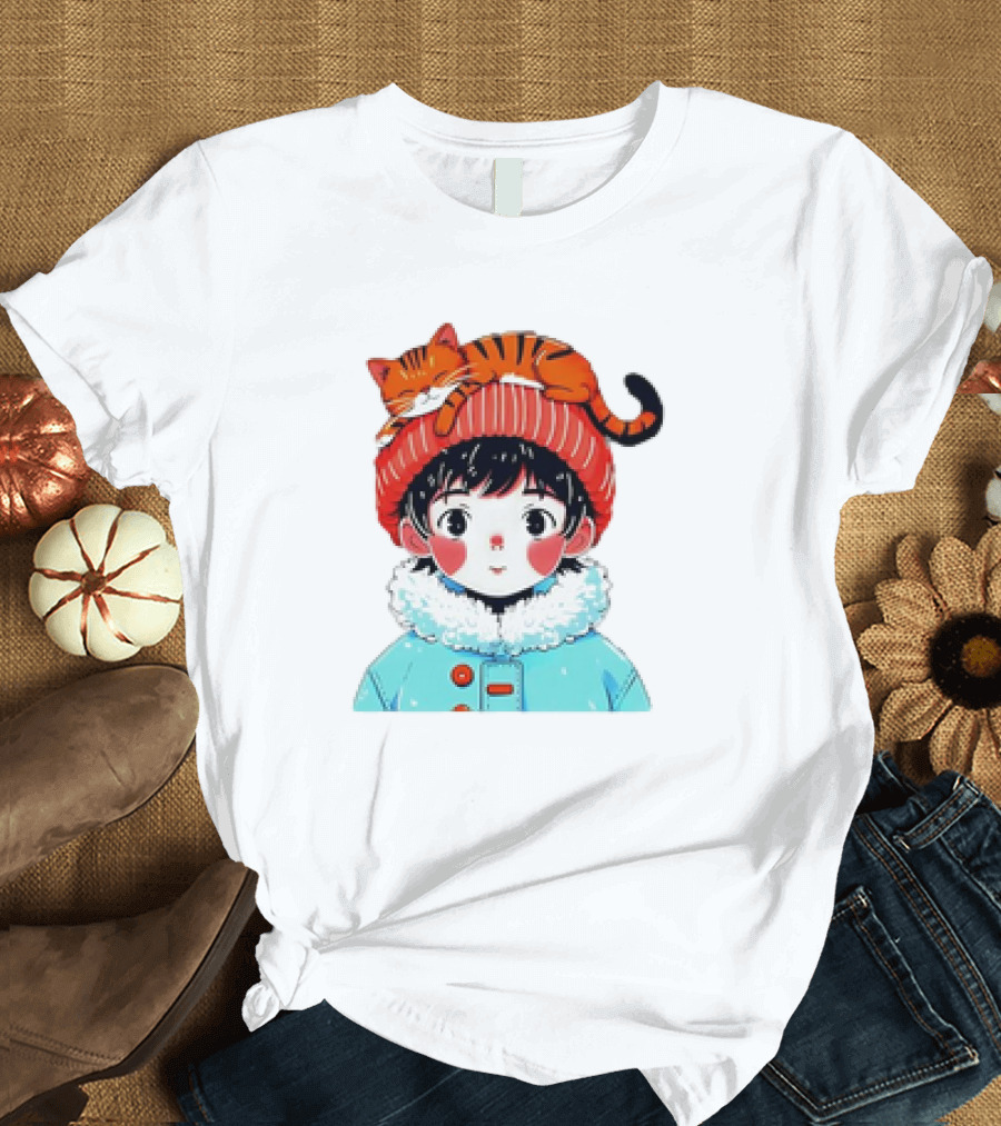Cute Anime Child in Winter Coat with Adorable Cat Hat T-Shirt