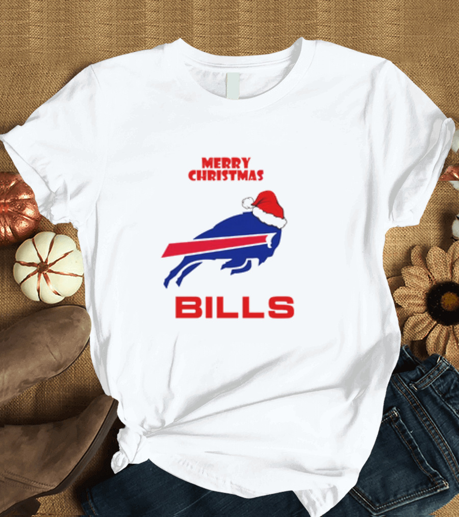 Merry Christmas Bills Santa Hat Logo Football Fan Gear T-Shirt
