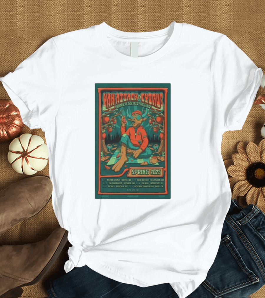 Yak Attack Cytrus Orange Is the New Yak Tour Spring 2025 Poster with Dates and Forest Scene T-Shirt