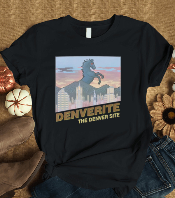 T-Shirt: Denverite the Denver Site City Skyline and Rearing Blue Mustang T-Shirt Denverite the Denver Site City Skyline and Rearing Blue Mustang T-Shirt