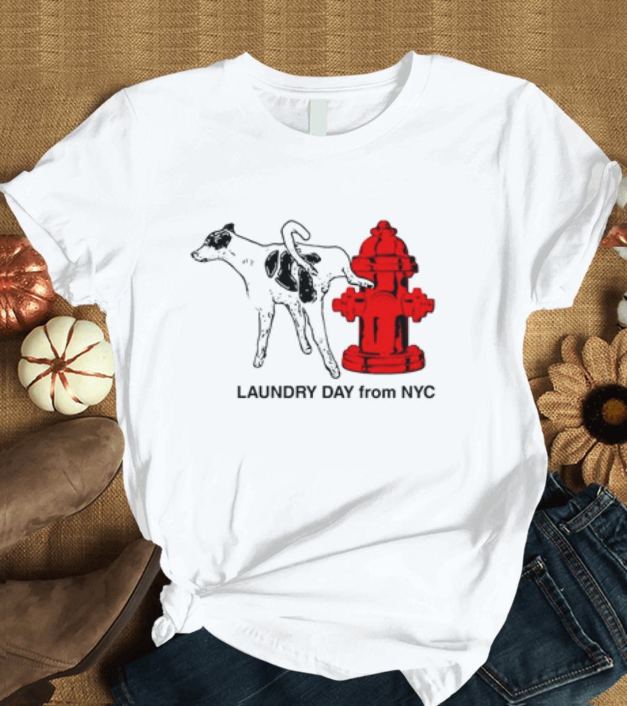 NYC Humorous Dog and Fire Hydrant Laundry Day Scene T-Shirt