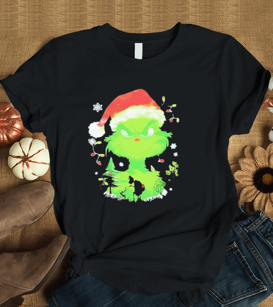 Grinch in Santa Hat Surrounded by Snowflakes and Christmas Lights T-Shirt