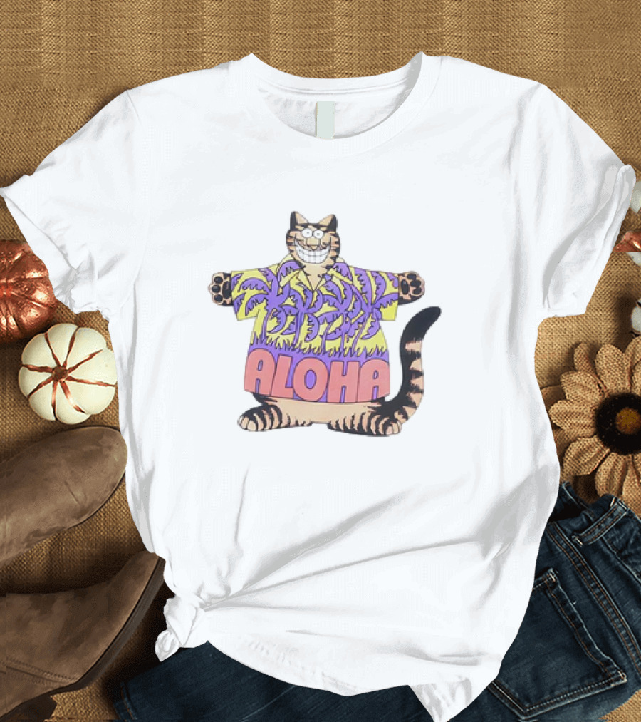 B Kliban Fat Cat Aloha Hawaii Crazy Purple Palm T-Shirt