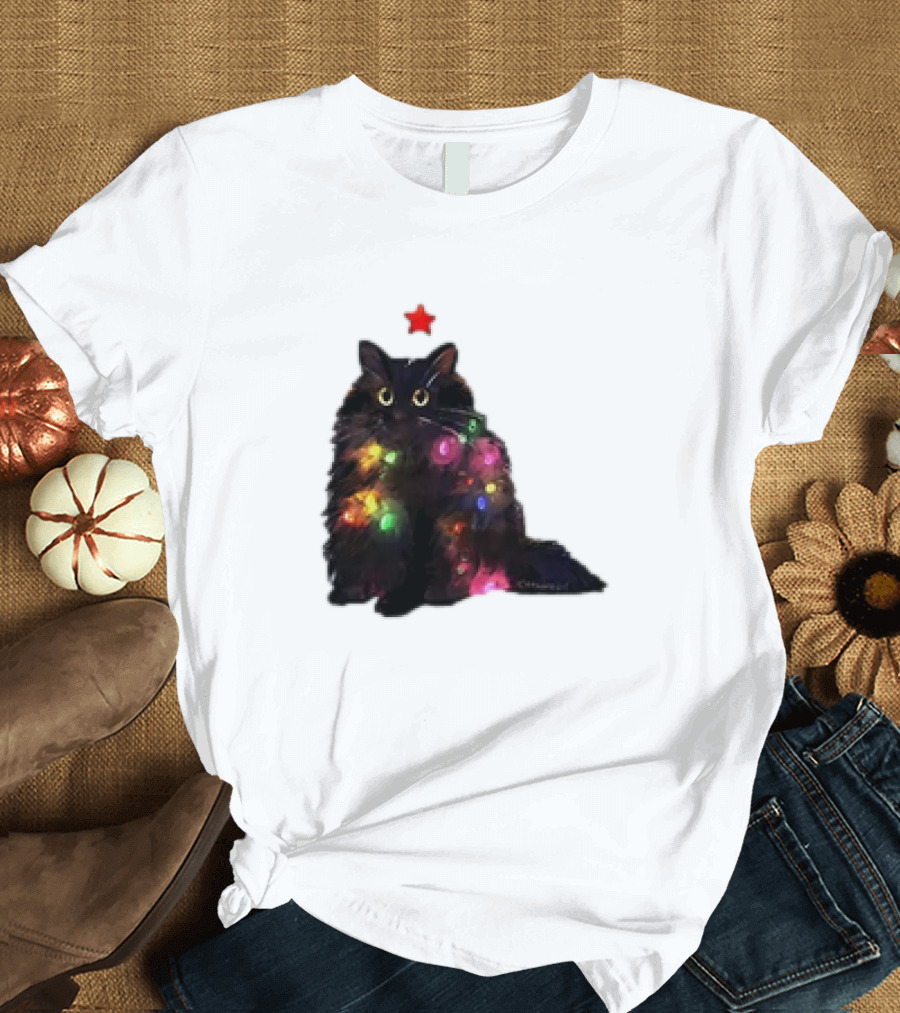 Black Cat Wrapped in Colorful Christmas Lights with Red Star T-Shirt