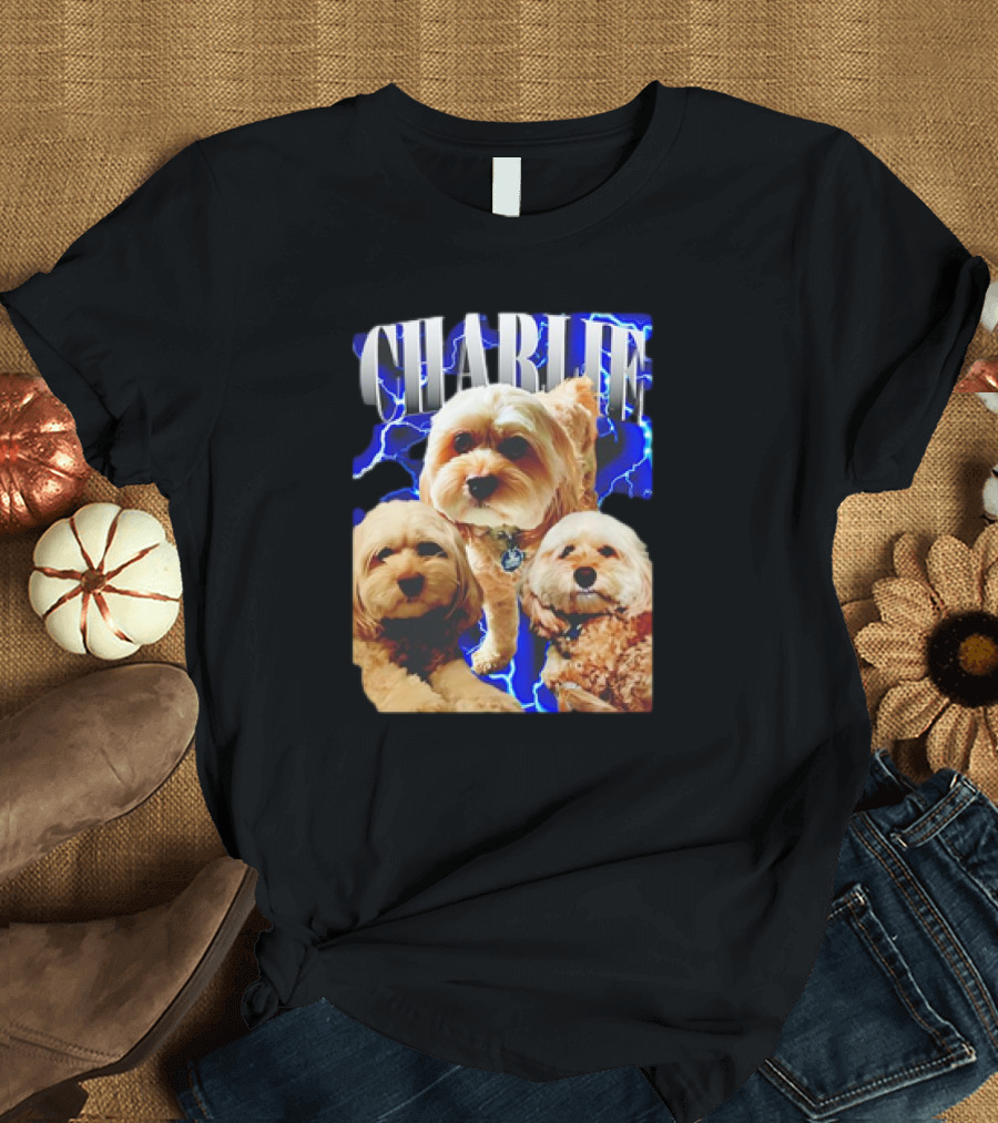 Charlie Three Dogs Blue Lightning Background T-Shirt