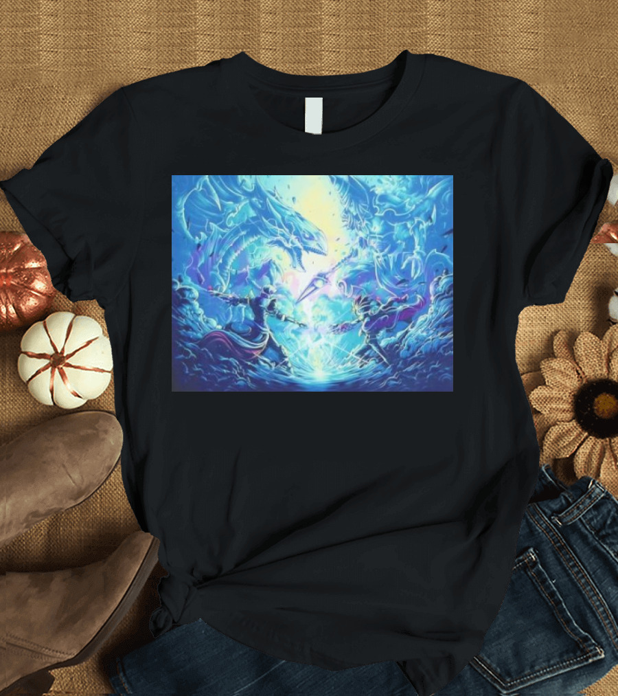 Yu Gi Oh Seto Kaiba Dueling Yugi Muto Blue-Eyes White Dragon and Dark Magician Showdown T-Shirt