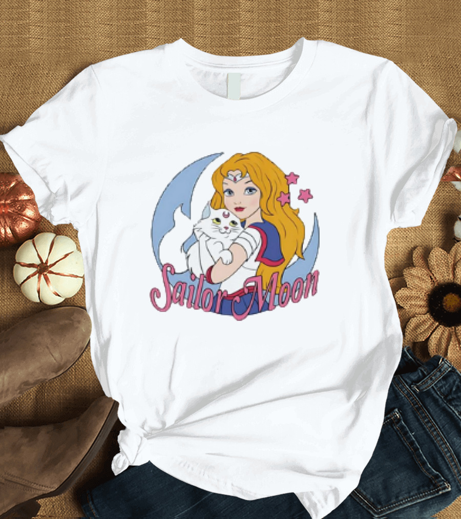 Sailor Moon Karen Amador Ellador Anime Cat Stars Moon Background T-Shirt