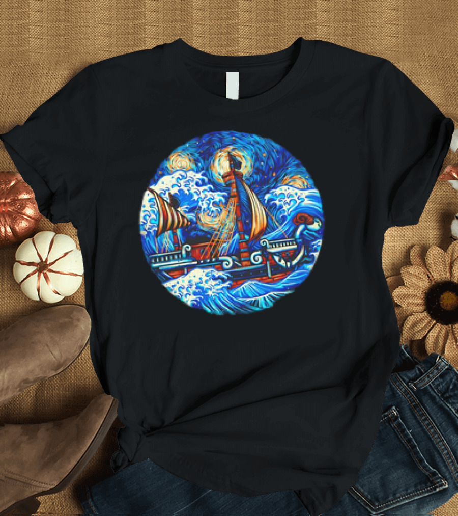 Going Merry One Piece Pirate Ship Van Gogh Wave T-Shirt