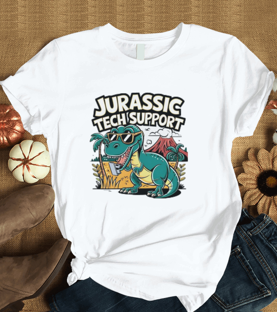 Jurassic Tech Support Dinosaur with Sunglasses and Volcano T-Shirt