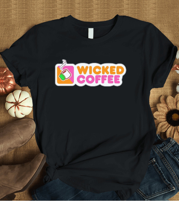 T-Shirt: Wicked Coffee with Steaming Cup Emoji in Bold Pink and Orange Letters T-Shirt Wicked Coffee with Steaming Cup Emoji in Bold Pink and Orange Letters T-Shirt