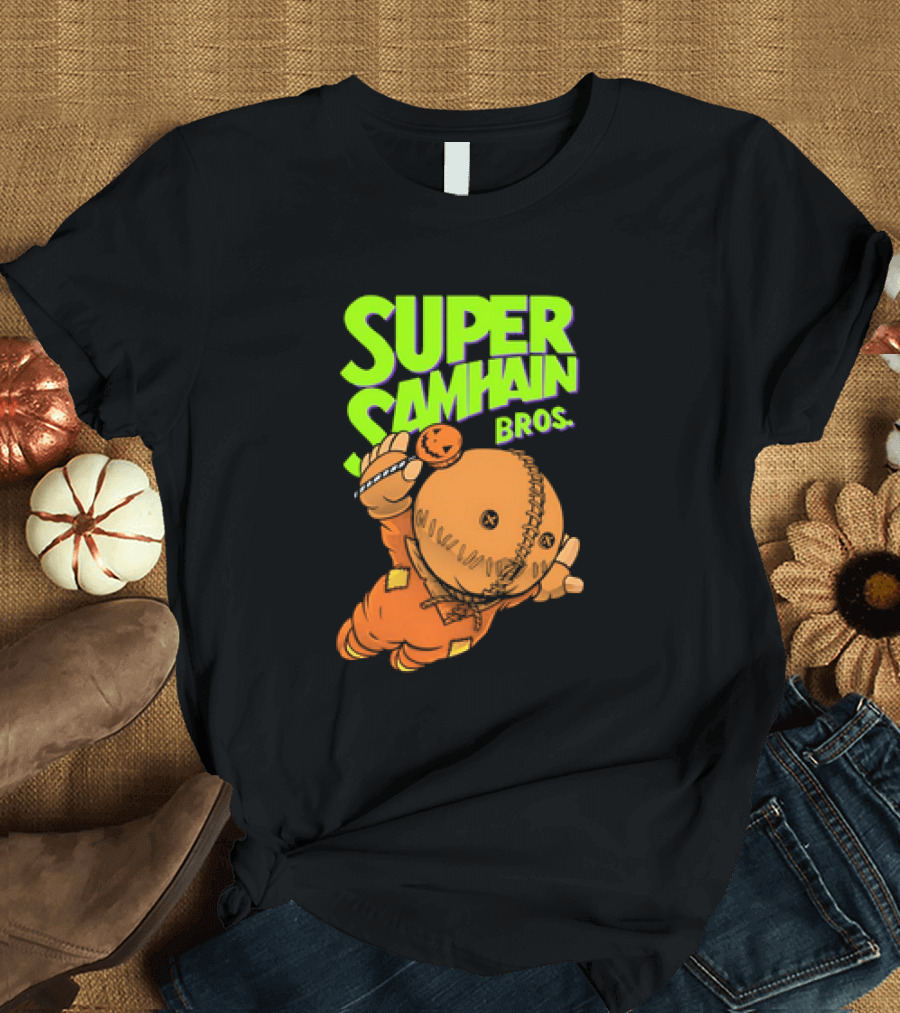 Super Samhain Bros Trick ‘r Treat Sam Icon in Pumpkin Suit with Green and Orange Highlights T-Shirt