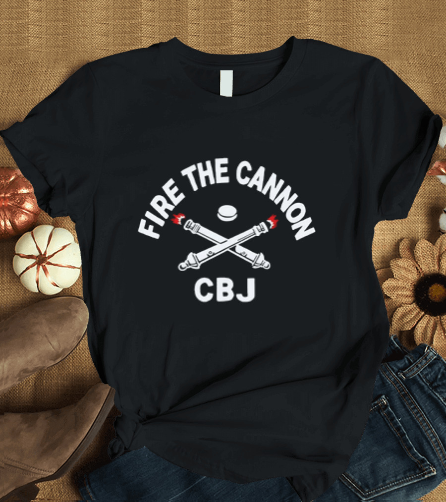 FIRE THE CANNON CBJ Hockey Sticks and Puck T-Shirt
