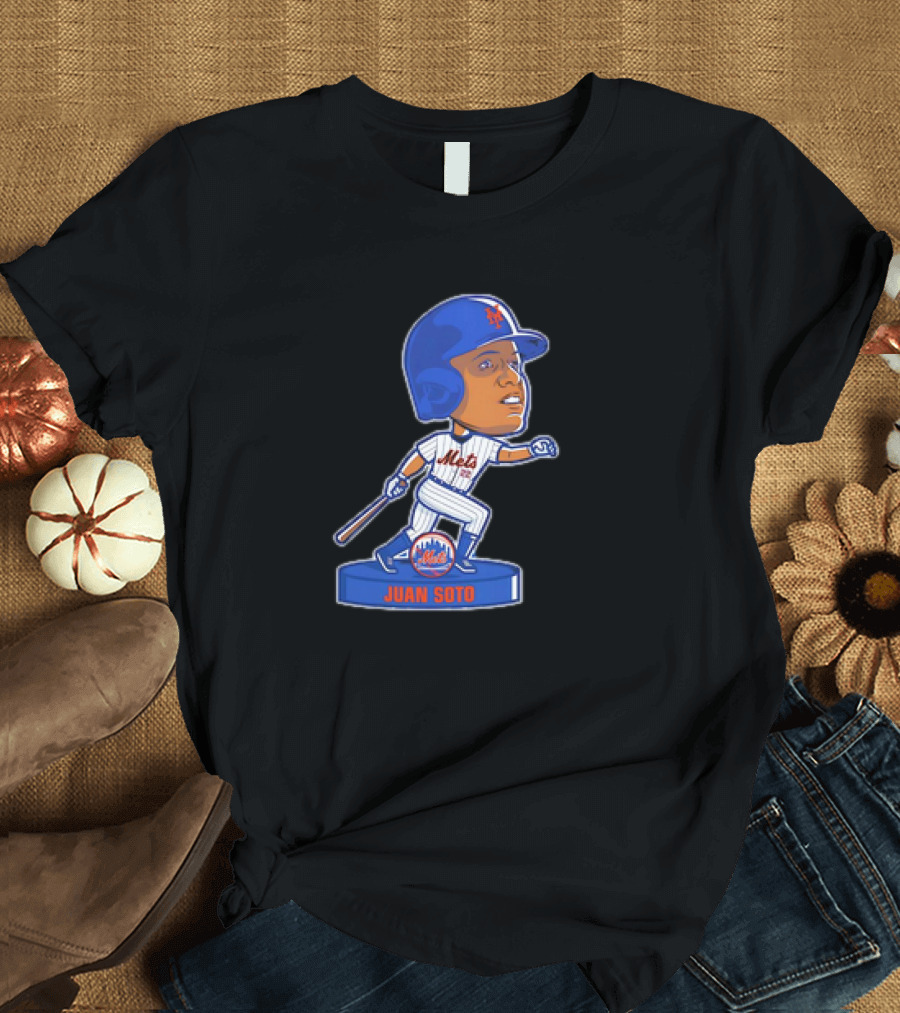Juan Soto New York Mets Bobblehead Cartoon Mets Logo Baseball T-Shirt