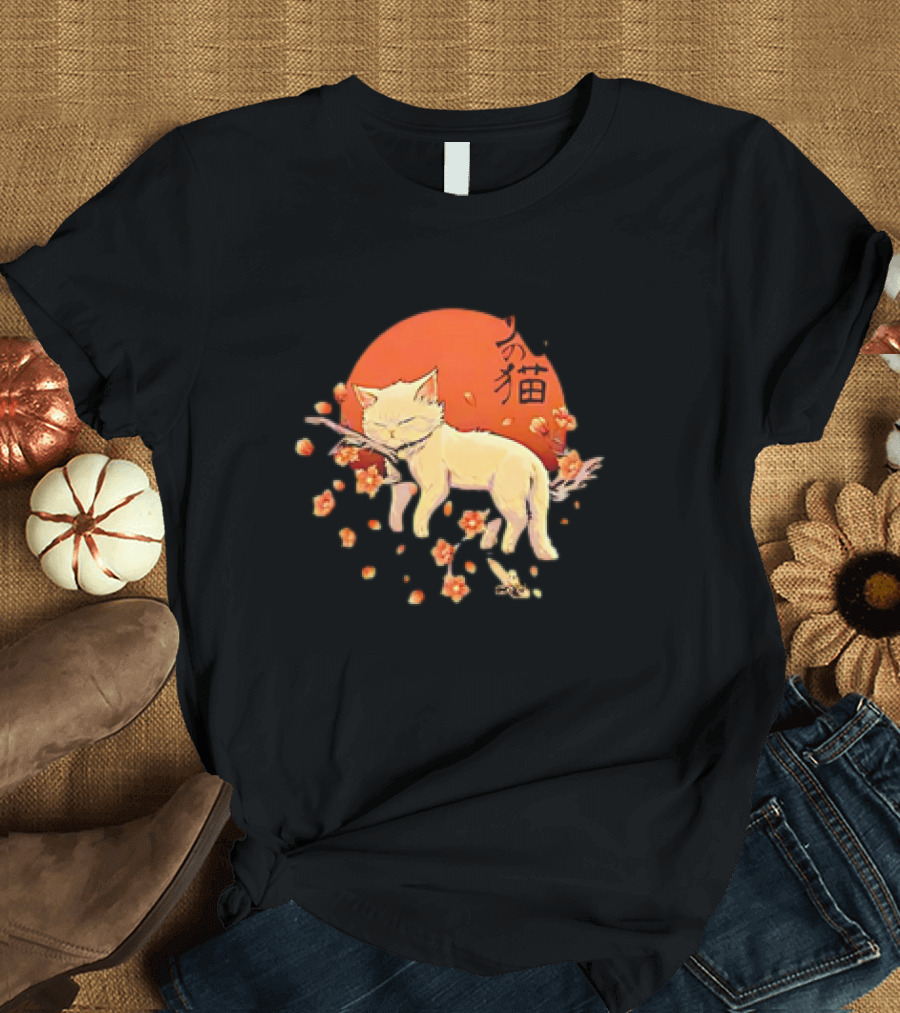 Sleeping Cat with Blossoms Under Red Sun T-Shirt