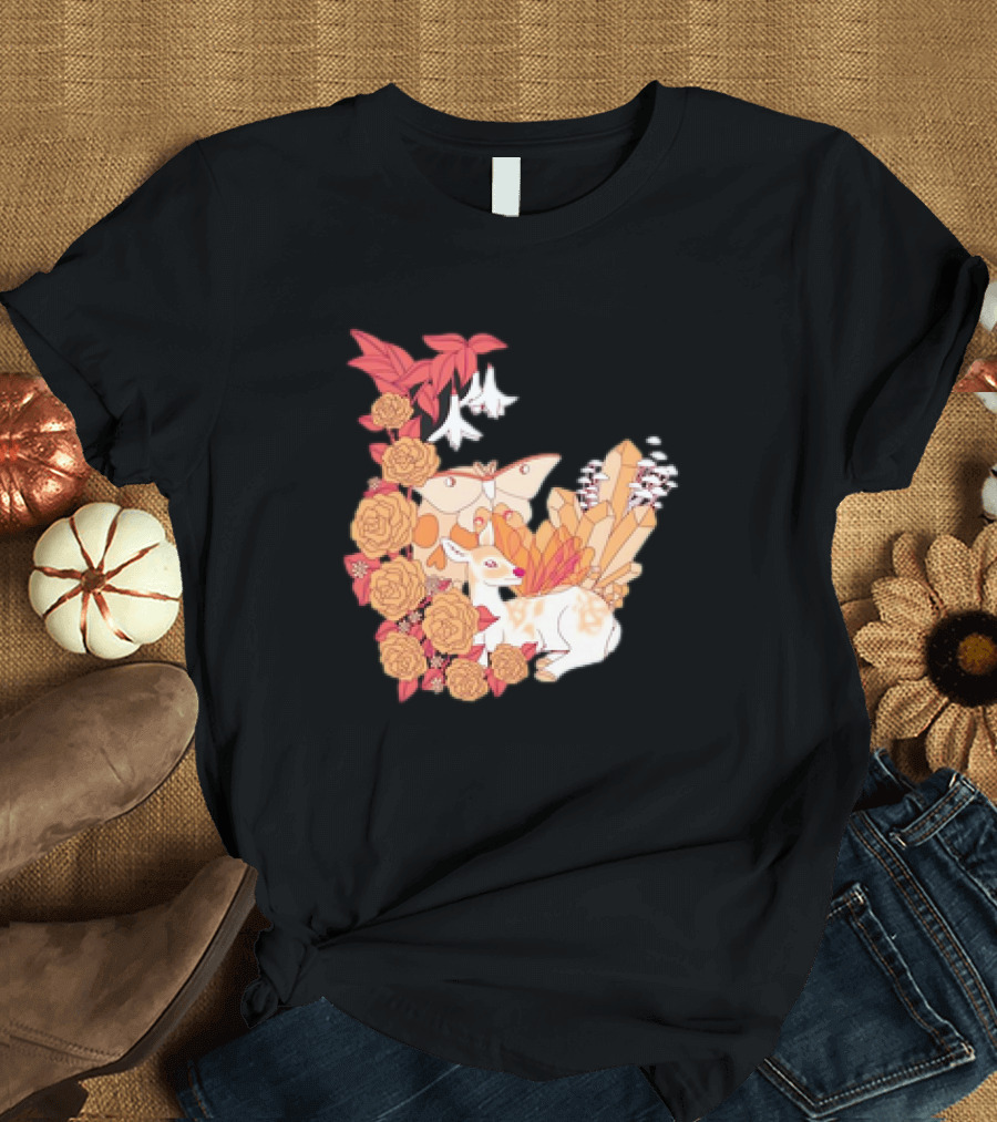 Mystical Forest Fawn Surrounded by Roses and Butterflies T-Shirt
